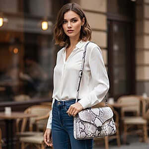 Grand Pelle Natural Genuine Python Leather Flap Bag with Shoulder Strap