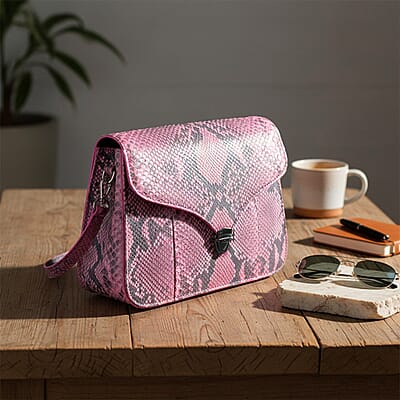 Grand Pelle Pink Genuine Python Leather Flap Bag with Shoulder Strap