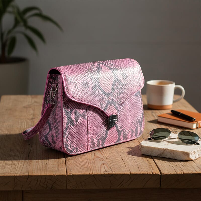 Grand Pelle Pink Genuine Python Leather Flap Bag with Shoulder Strap