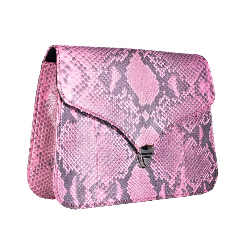 Grand Pelle Pink Genuine Python Leather Flap Bag with Shoulder Strap