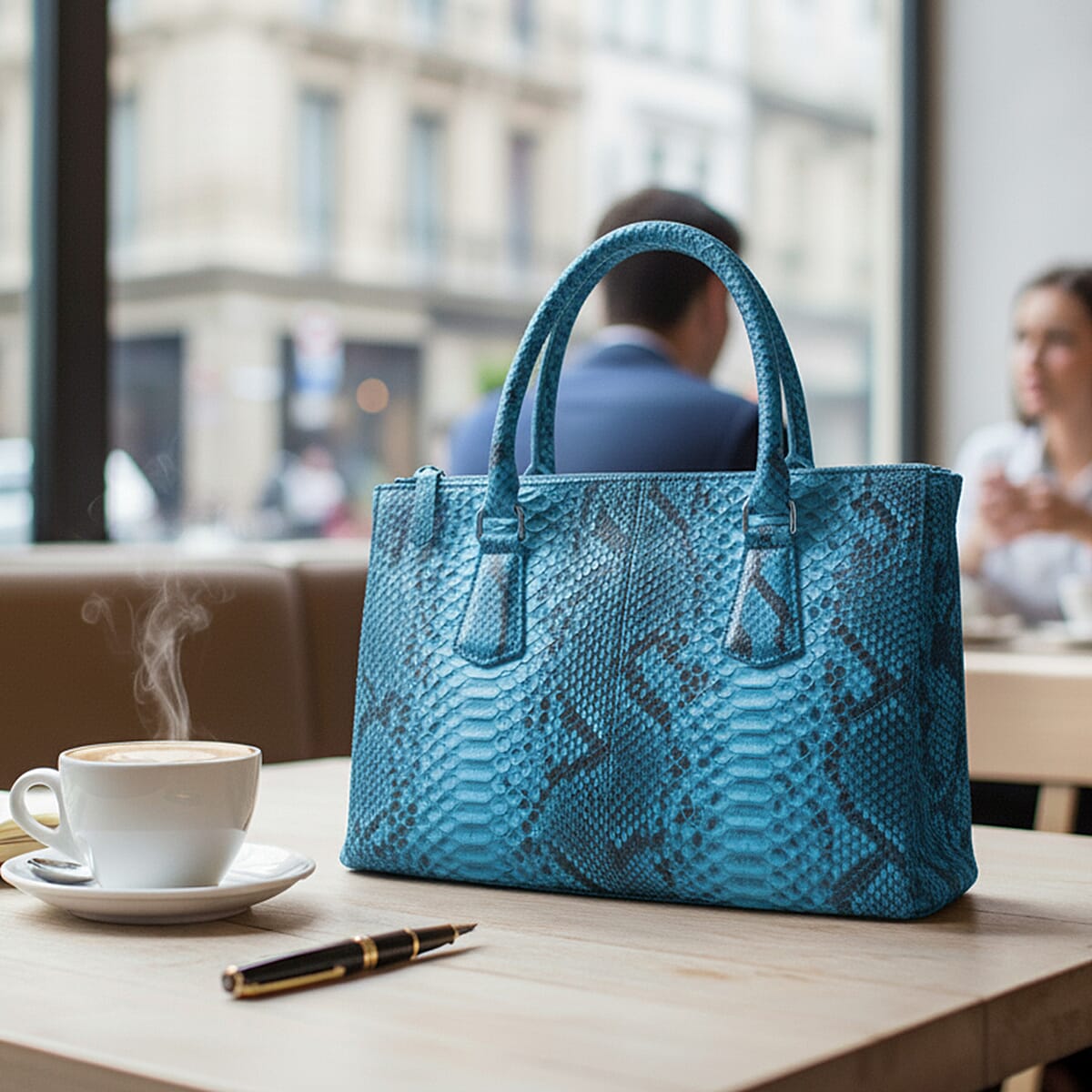 The Grand Pelle Handcrafted Blue Genuine Python Leather Satchel Bag image number 1