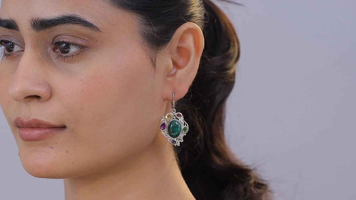 EverTrue African Malachite and Multi Gemstone 19.10 ctw Blooming Garden Earrings in Platinum Bond