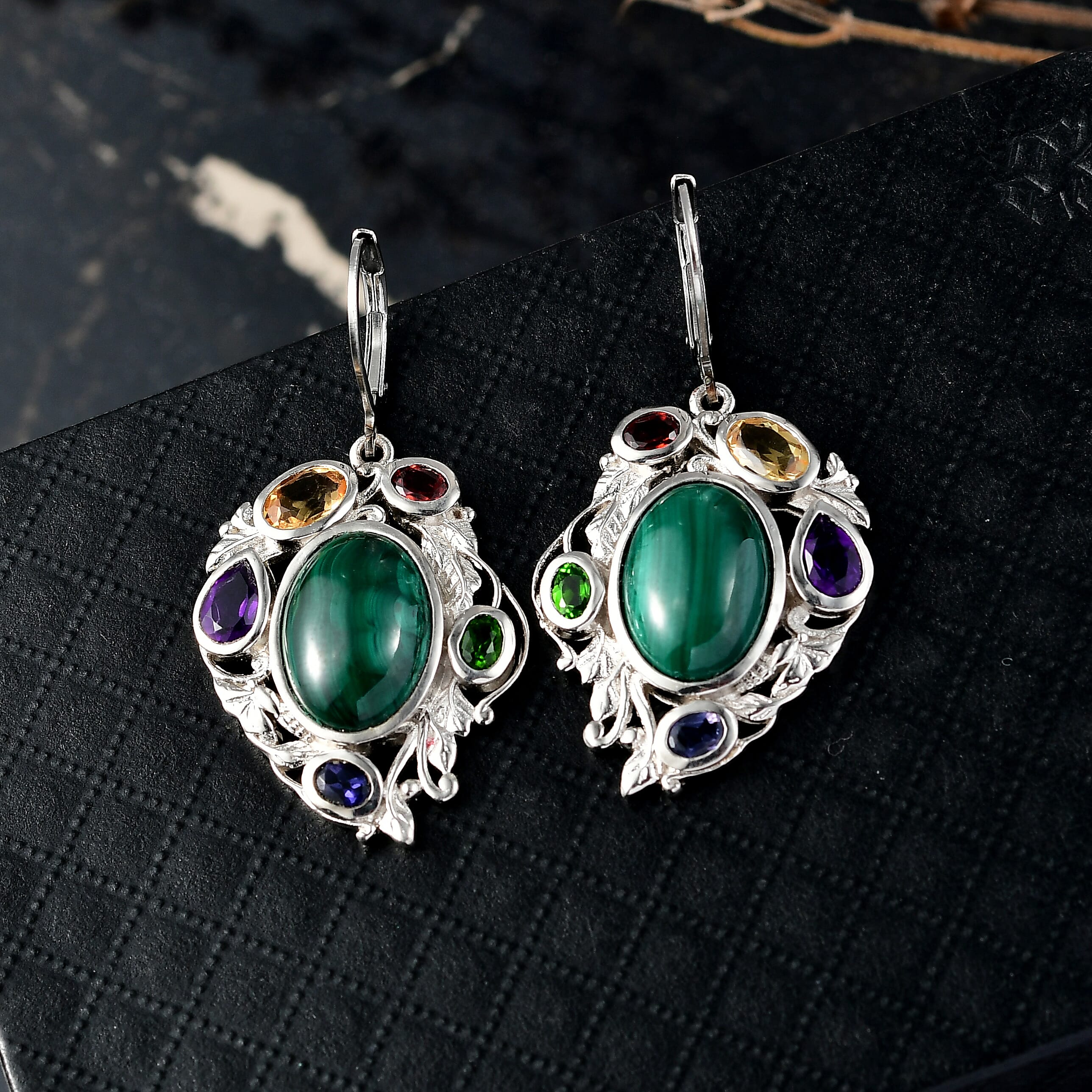 EverTrue African Malachite and Multi Gemstone 19.10 ctw Blooming Garden Earrings in Platinum Bond 