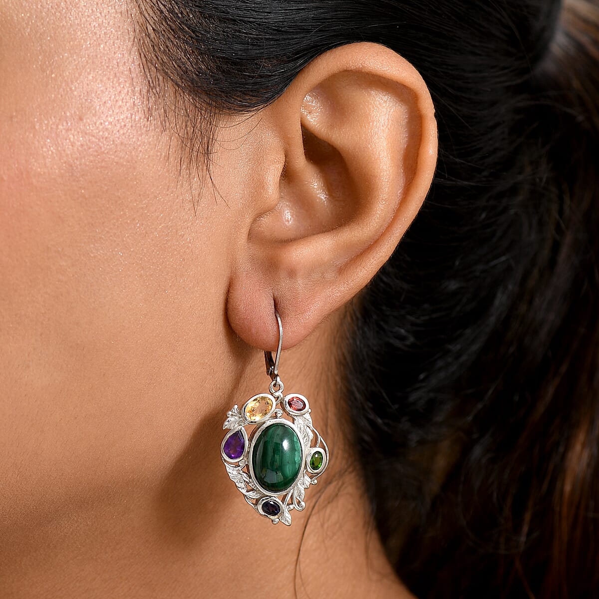 EverTrue African Malachite and Multi Gemstone 19.10 ctw Earrings in Platinum Bond  image number 2