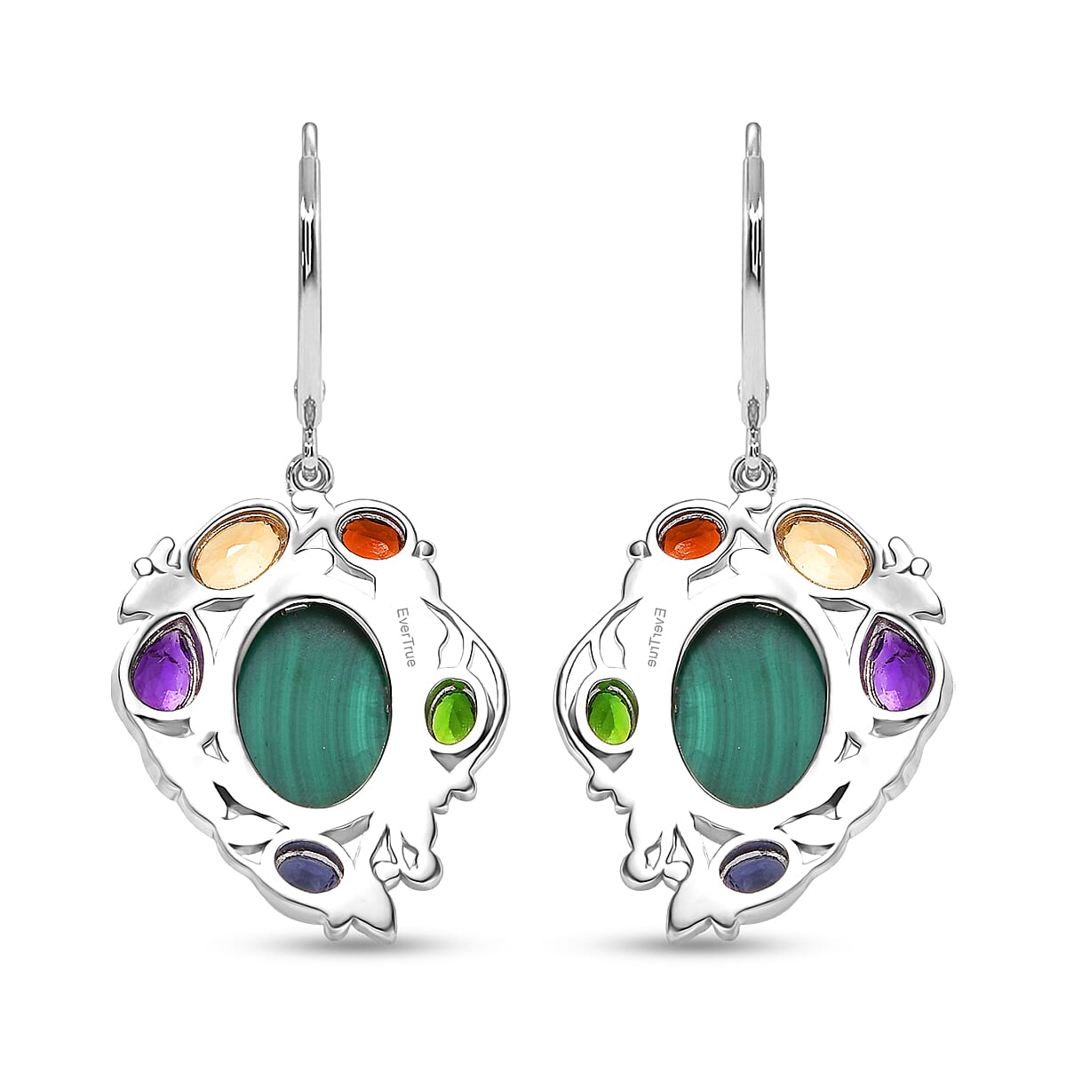 EverTrue African Malachite and Multi Gemstone 19.10 ctw Blooming Garden Earrings in Platinum Bond 