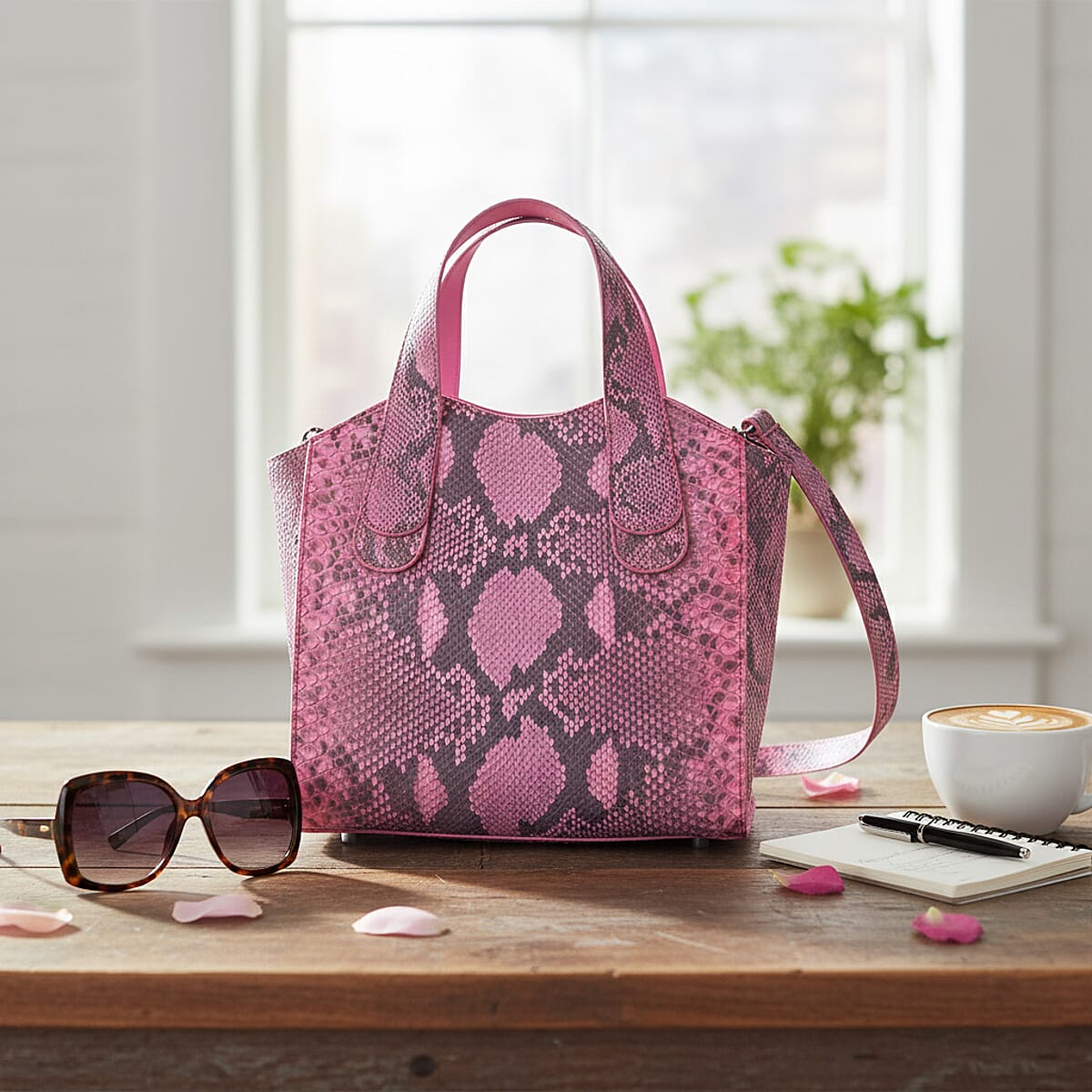 Grand Pelle Pink Genuine Python Leather Tote Bag with Shoulder Strap image number 1