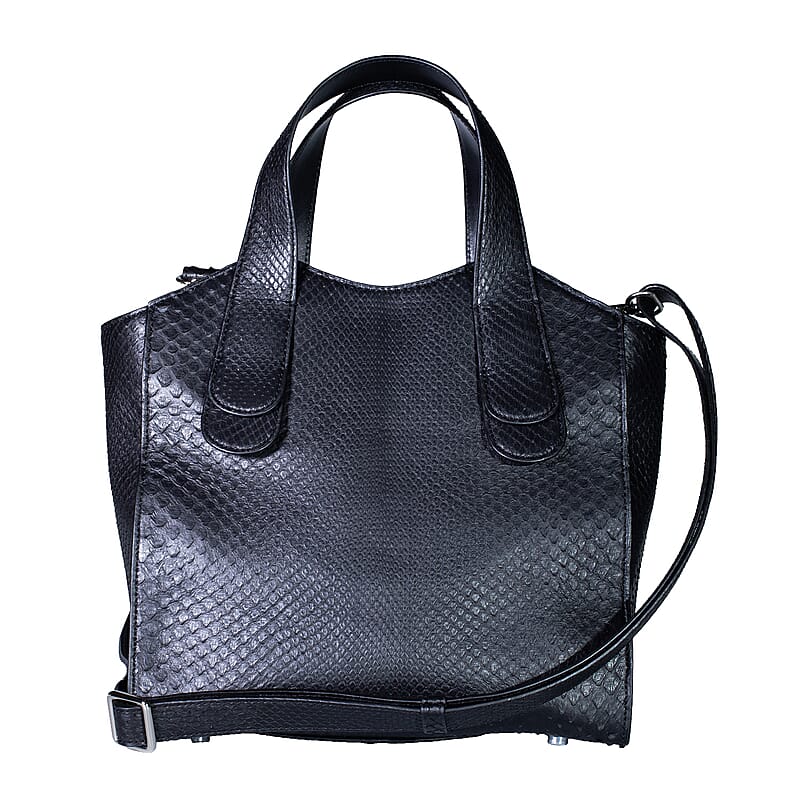 Grand Pelle Black Genuine Python Leather Tote Bag with Shoulder Strap