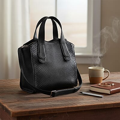 Grand Pelle Black Genuine Python Leather Tote Bag with Shoulder Strap