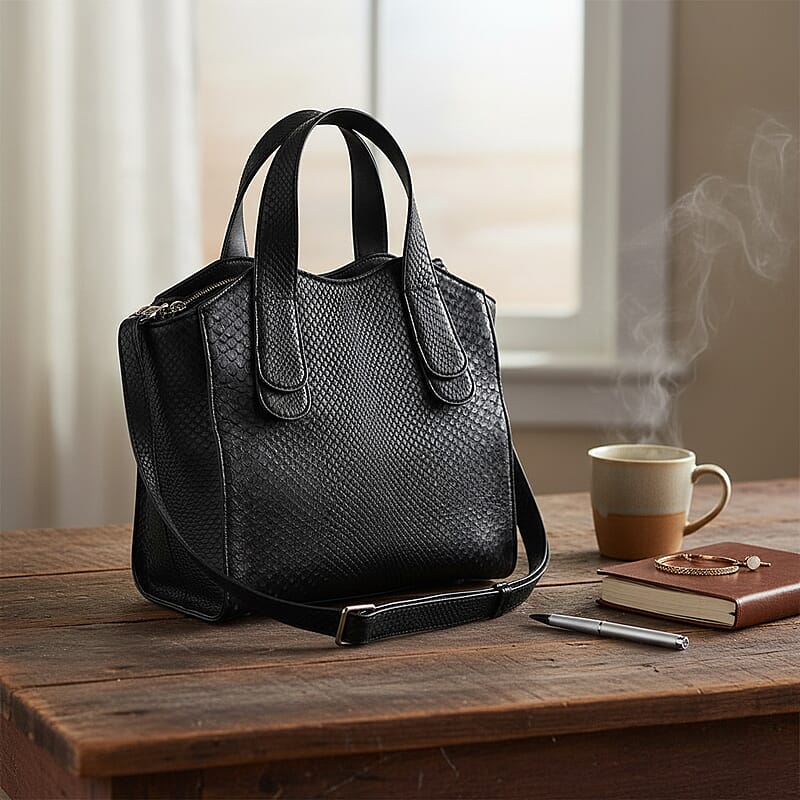 Grand Pelle Black Genuine Python Leather Tote Bag with Shoulder Strap