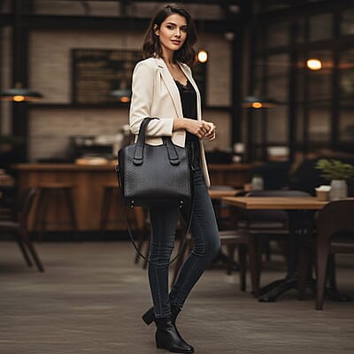 Grand Pelle Black Genuine Python Leather Tote Bag with Shoulder Strap
