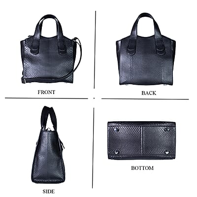 Grand Pelle Black Genuine Python Leather Tote Bag with Shoulder Strap