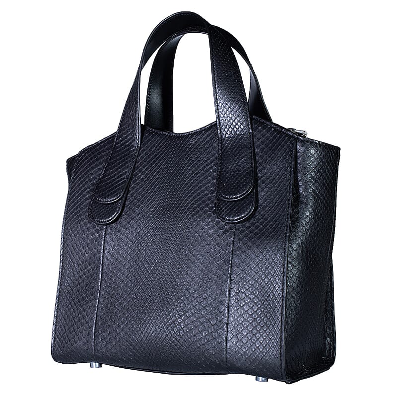 Grand Pelle Black Genuine Python Leather Tote Bag with Shoulder Strap