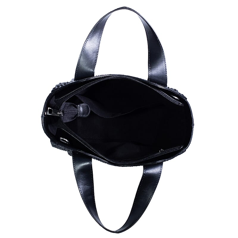 Grand Pelle Black Genuine Python Leather Tote Bag with Shoulder Strap
