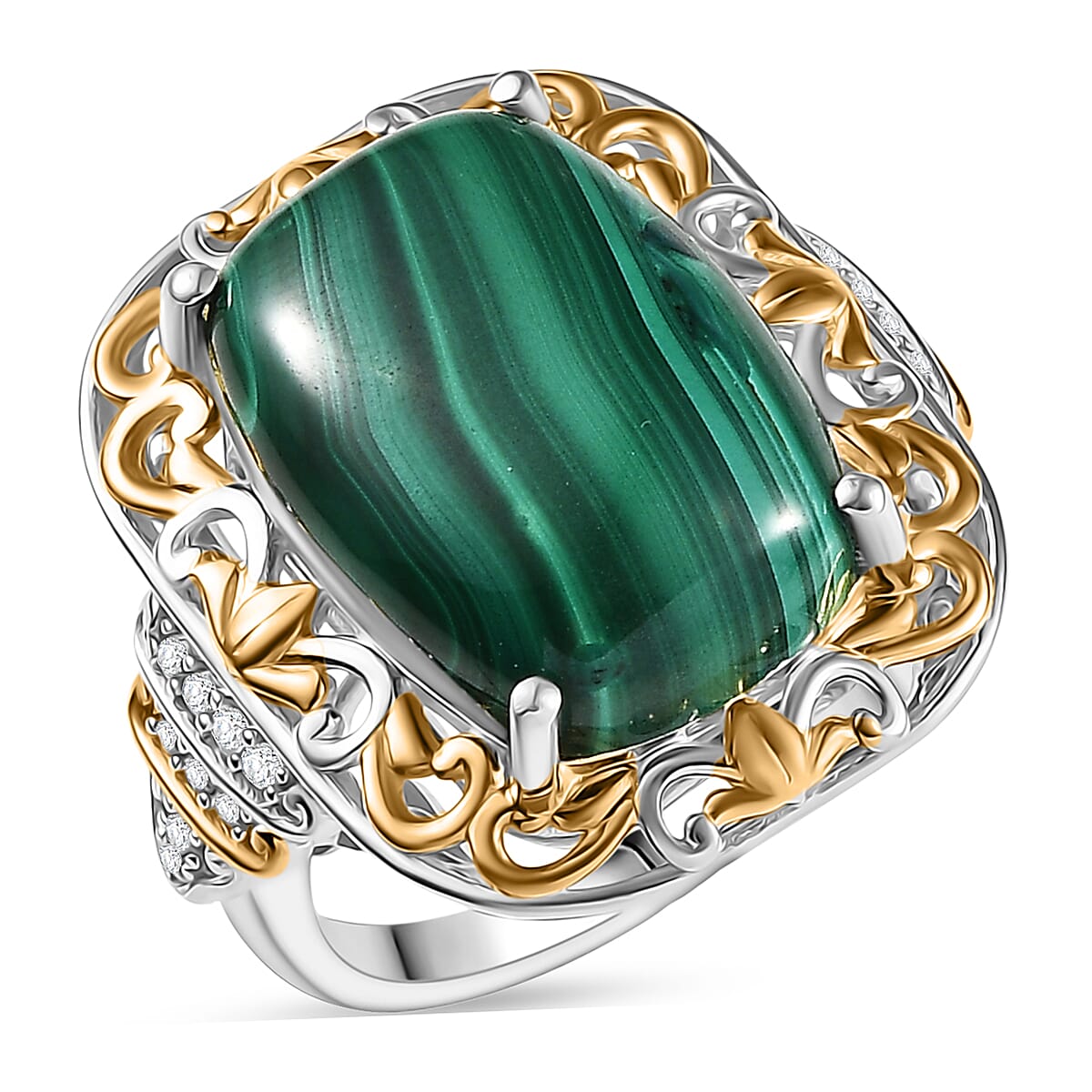 EverTrue African Malachite, White Zircon Ring in 18K YG Plated and Platinum Bond 17.00 ctw (Size 10.0)