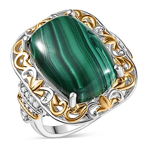 EverTrue African Malachite and White Zircon 17.00 ctw Vintage Era Ring in 18K YG Plated and Platinum Bond (Size 10.0)