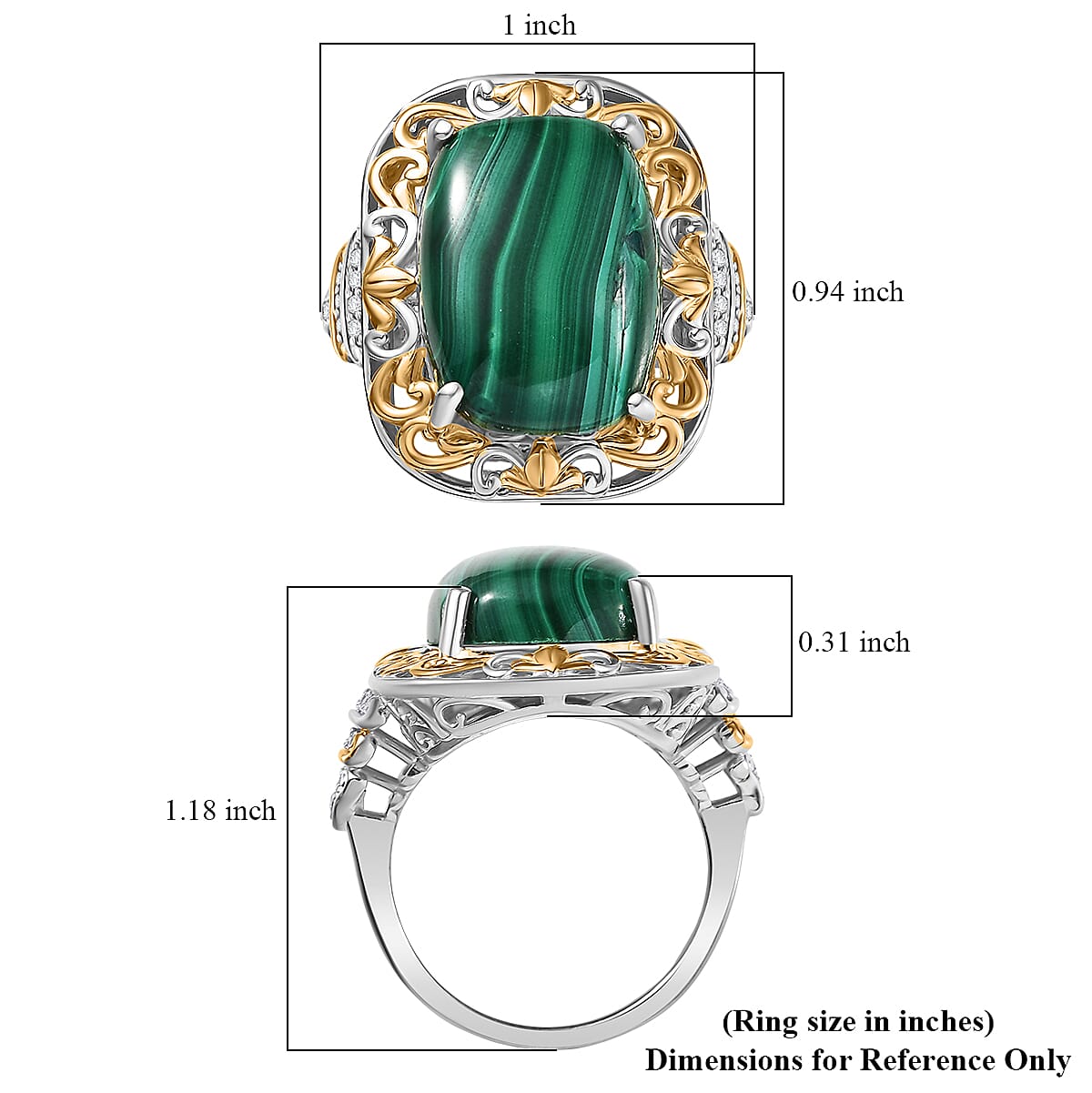 EverTrue African Malachite, White Zircon Ring in 18K YG Plated and Platinum Bond 17.00 ctw (Size 10.0)