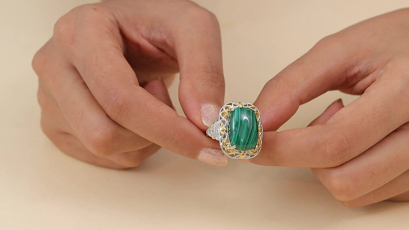 EverTrue African Malachite, White Zircon Ring in 18K YG Plated and Platinum Bond (Size 10.0) 17.00 ctw
