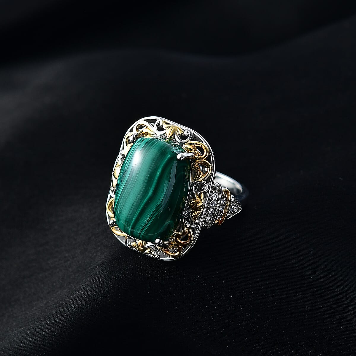 EverTrue African Malachite and White Zircon 17.00 ctw Vintage Era Ring in 18K YG Plated and Platinum Bond (Size 7.0) image number 1