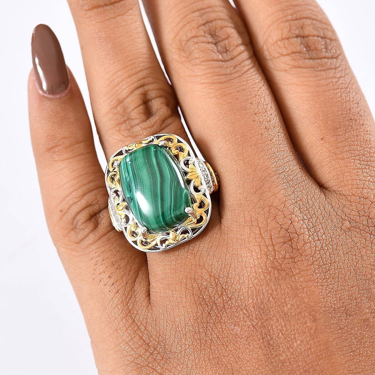 EverTrue African Malachite and White Zircon 17.00 ctw Vintage Era Ring in 18K YG Plated and Platinum Bond (Size 7.0) image number 2