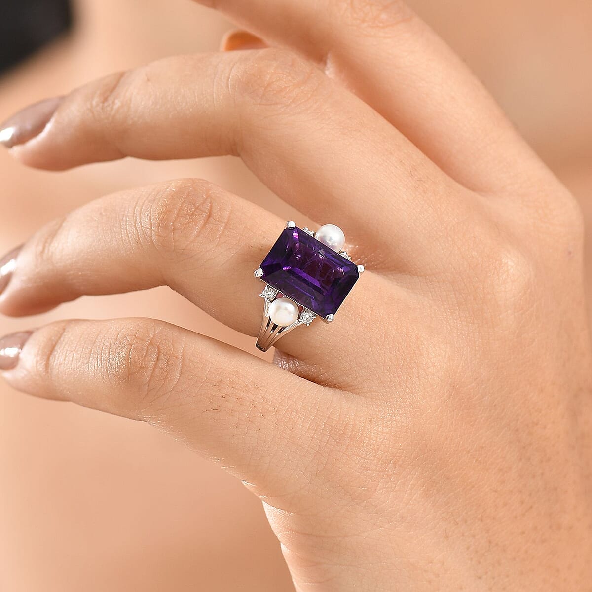 GP Royal Art Deco Collection African Amethyst and Multi Gemstone 8.00 ctw Ring in Rhodium Over Sterling Silver (Size 10.0) image number 3