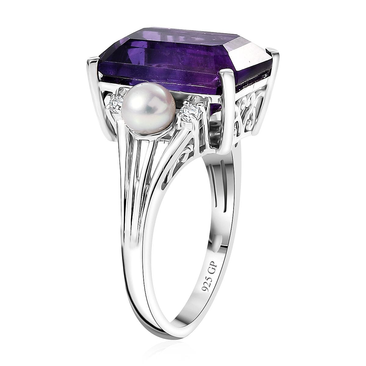 GP Royal Art Deco Collection African Amethyst and Multi Gemstone 8.00 ctw Ring in Rhodium Over Sterling Silver (Size 7.0) image number 4