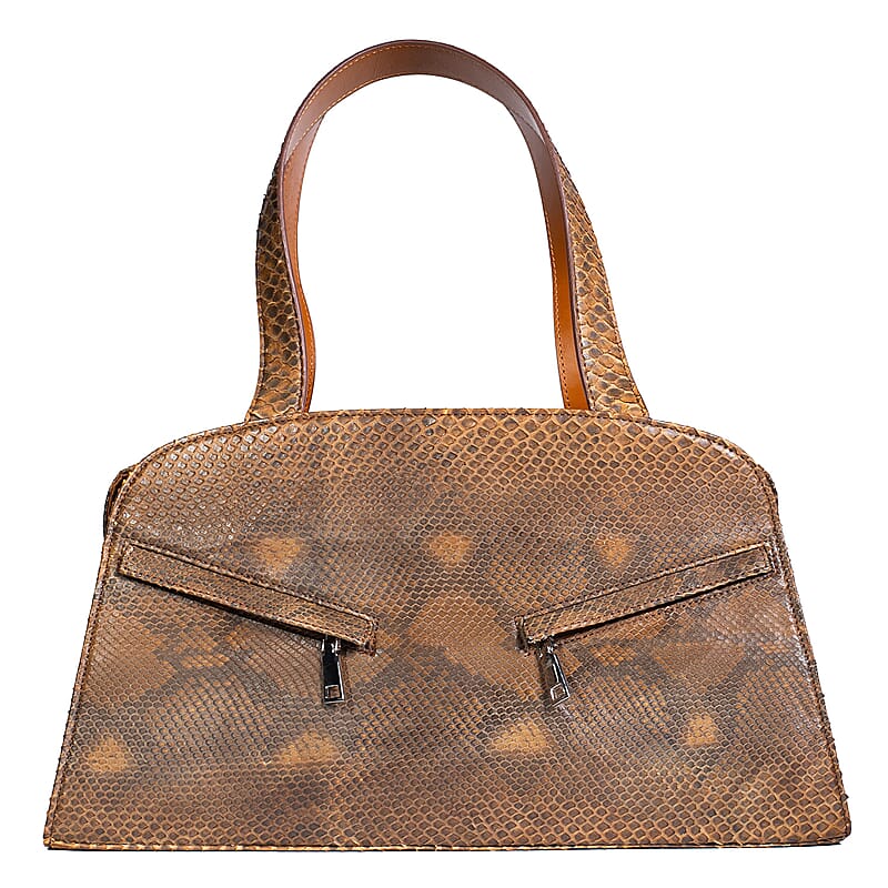 The Grand Pelle Handcrafted Camel Genuine Python Leather Trapeze Tote Bag