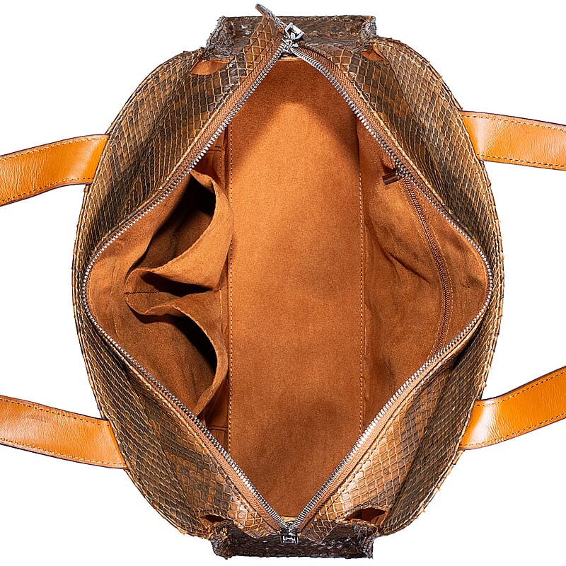 The Grand Pelle Handcrafted Camel Genuine Python Leather Trapeze Tote Bag