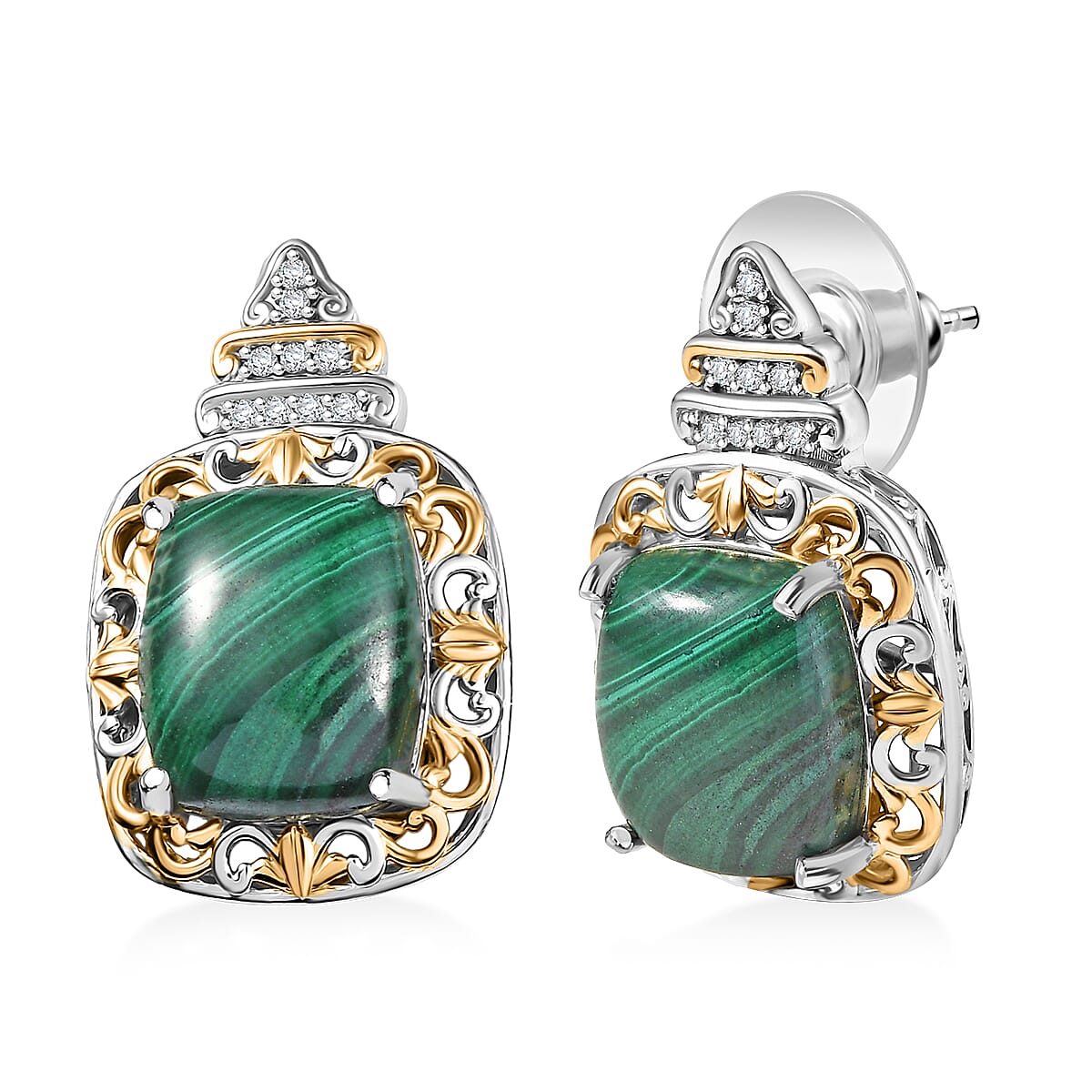EverTrue African Malachite and White Zircon 14.85 ctw Stud Earrings in 18K YG Plated and Platinum Bond image number 0