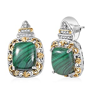 EverTrue African Malachite and White Zircon 14.85 ctw Stud Earrings in 18K YG Plated and Platinum Bond