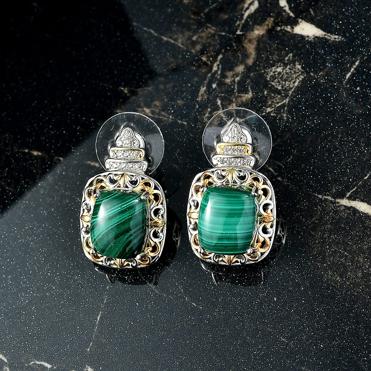 EverTrue African Malachite and White Zircon 14.85 ctw Stud Earrings in 18K YG Plated and Platinum Bond image number 1