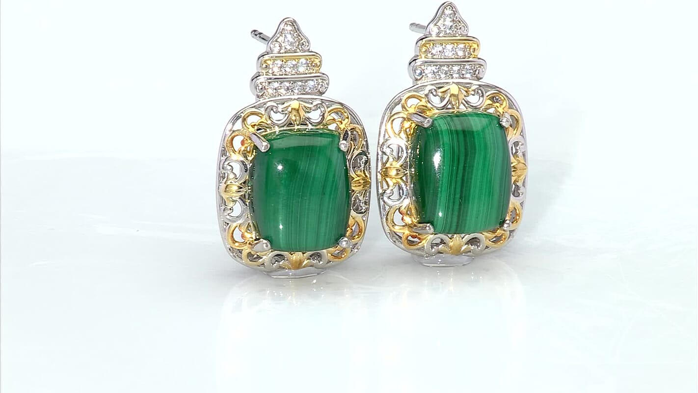 EverTrue African Malachite and White Zircon 14.85 ctw Vintage Era Earrings in 18K YG Plated and Platinum Bond