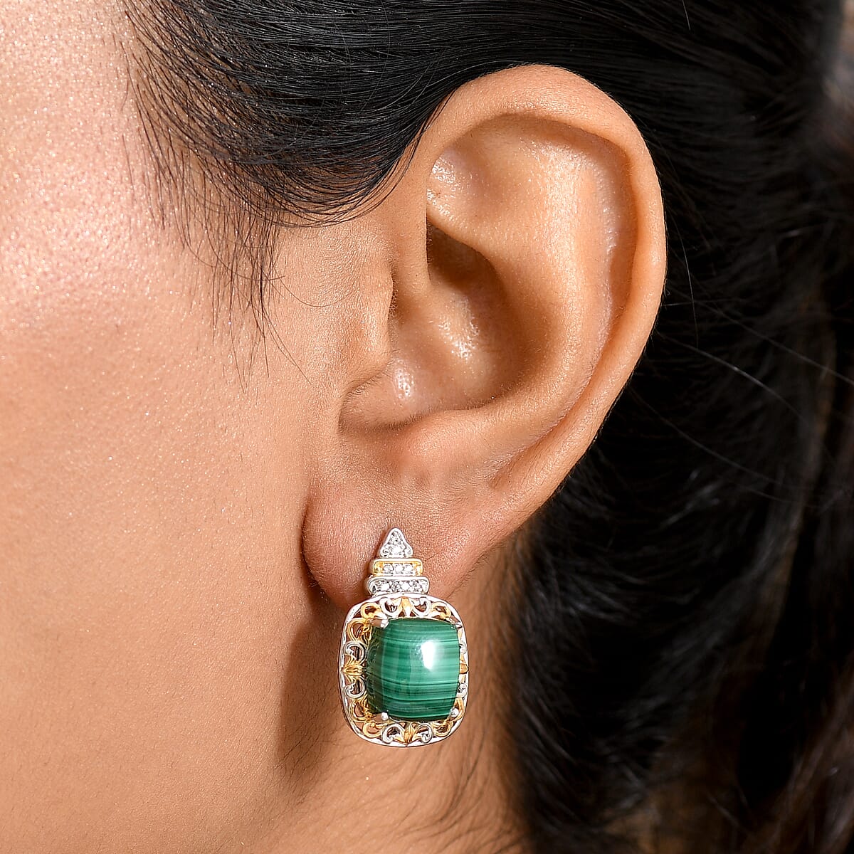 EverTrue African Malachite and White Zircon 14.85 ctw Stud Earrings in 18K YG Plated and Platinum Bond image number 2