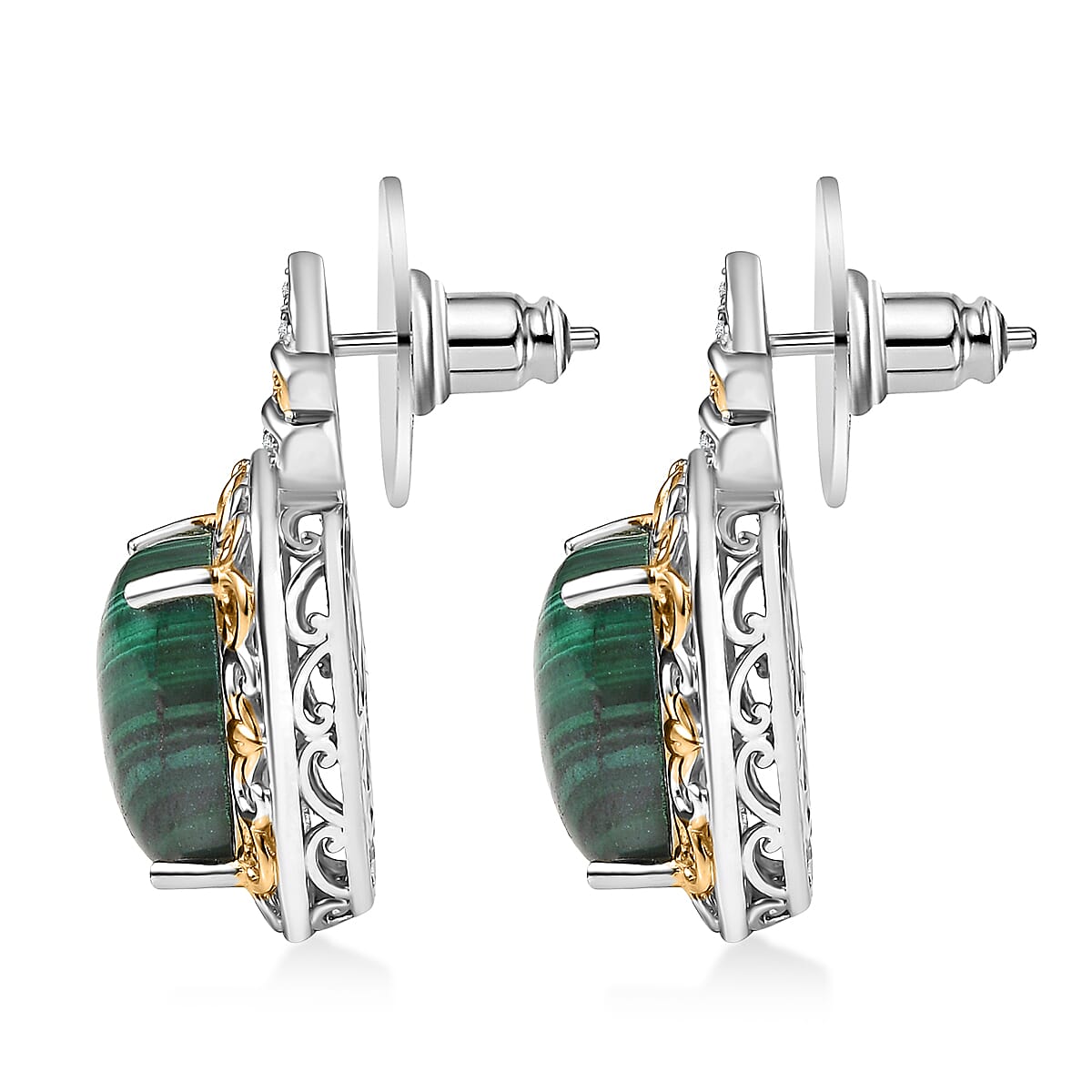 EverTrue African Malachite and White Zircon 14.85 ctw Stud Earrings in 18K YG Plated and Platinum Bond image number 3