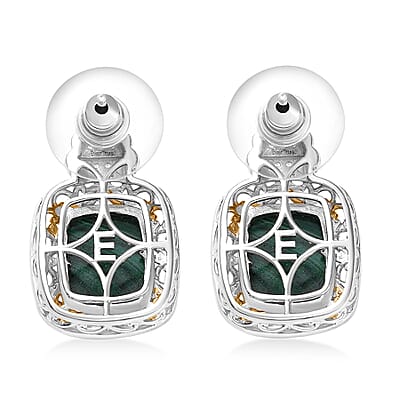 EverTrue African Malachite and White Zircon 14.85 ctw Vintage Era Earrings in 18K YG Plated and Platinum Bond