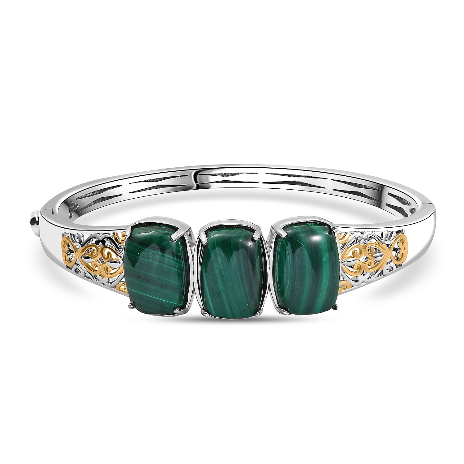 EverTrue African Malachite 26.25 ctw Vintage Filigree Bangle Bracelet in 18K YG Plated and Platinum Bond (6.50 In)