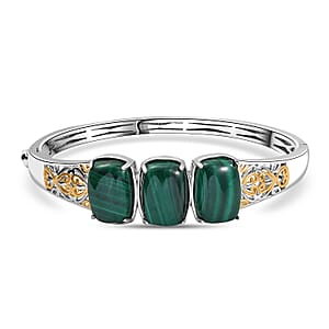 EverTrue African Malachite 26.25 ctw Vintage Filigree Bangle Bracelet in 18K YG Plated and Platinum Bond (6.50 In)