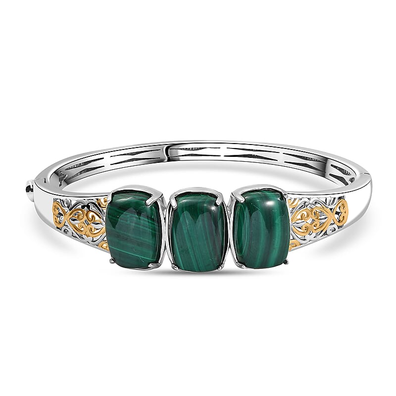 EverTrue African Malachite 26.25 ctw Vintage Filigree Bangle Bracelet in 18K YG Plated and Platinum Bond (6.50 In)
