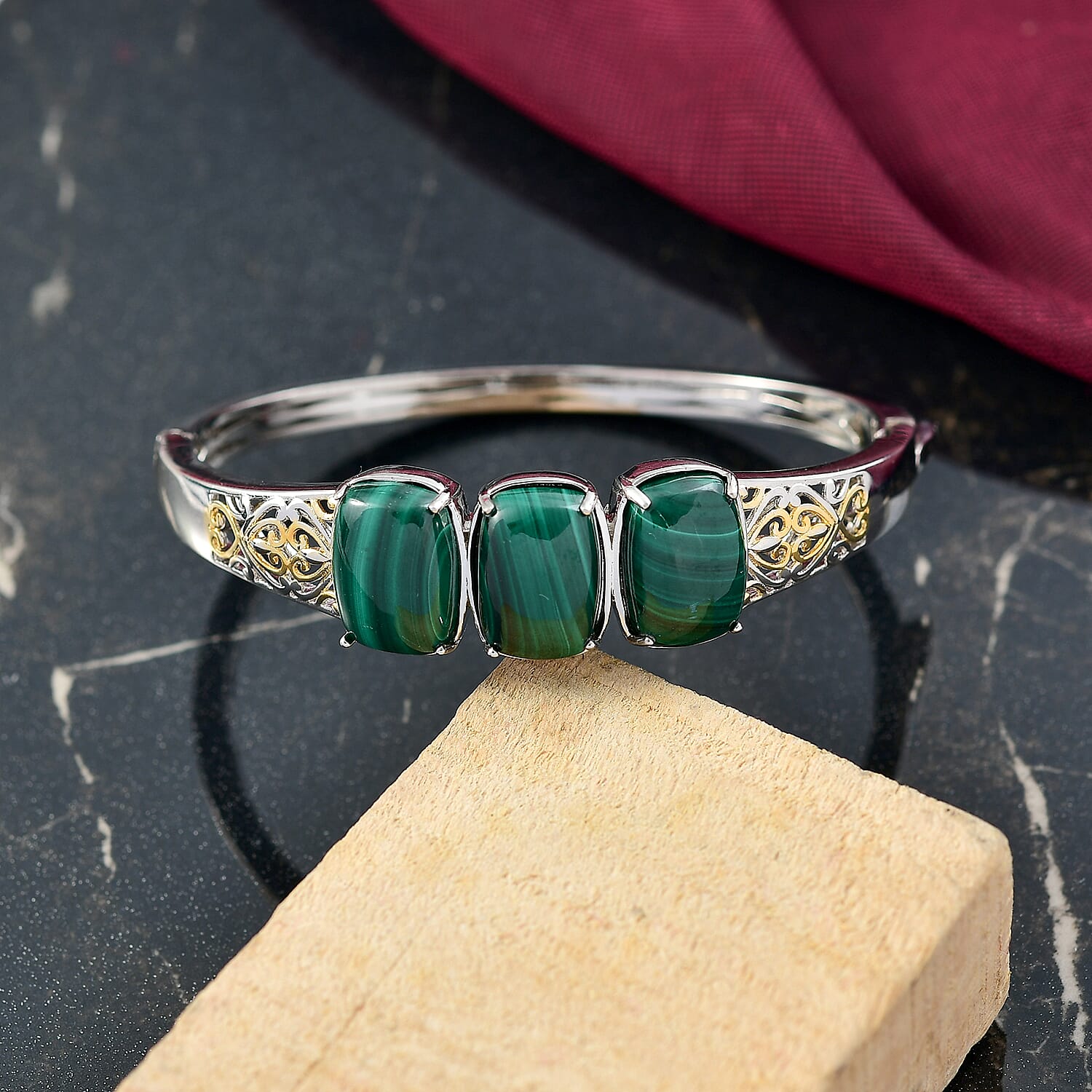 EverTrue African Malachite 26.25 ctw Vintage Filigree Bangle Bracelet in 18K YG Plated and Platinum Bond (6.50 In)