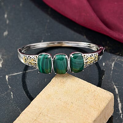 EverTrue African Malachite 26.25 ctw Vintage Filigree Bangle Bracelet in 18K YG Plated and Platinum Bond (6.50 In)