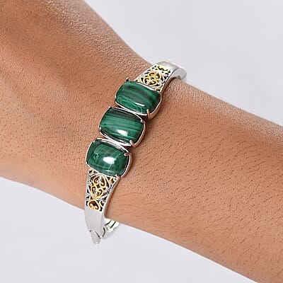 EverTrue African Malachite 26.25 ctw Vintage Filigree Bangle Bracelet in 18K YG Plated and Platinum Bond (6.50 In)