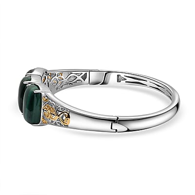 EverTrue African Malachite 26.25 ctw Vintage Filigree Bangle Bracelet in 18K YG Plated and Platinum Bond (6.50 In)