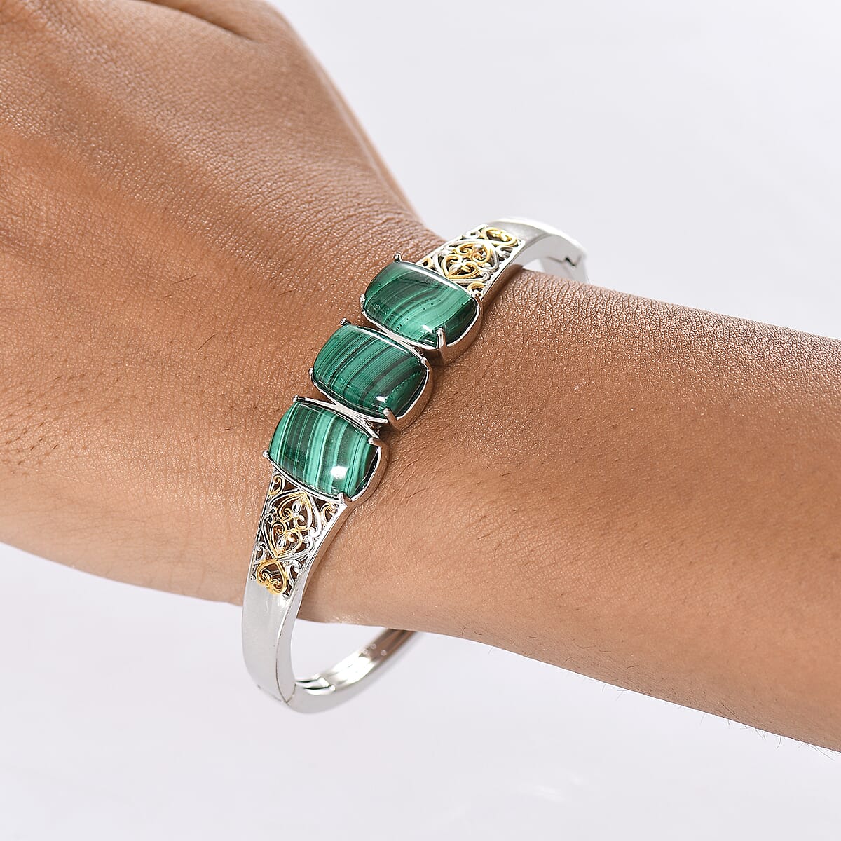EverTrue African Malachite 26.25 ctw Vintage Filigree Bangle Bracelet in 18K YG Plated and Platinum Bond (7.25 In)  image number 2