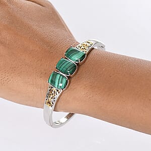 EverTrue African Malachite 26.25 ctw Vintage Filigree Bangle Bracelet in 18K YG Plated and Platinum Bond (7.25 In) 