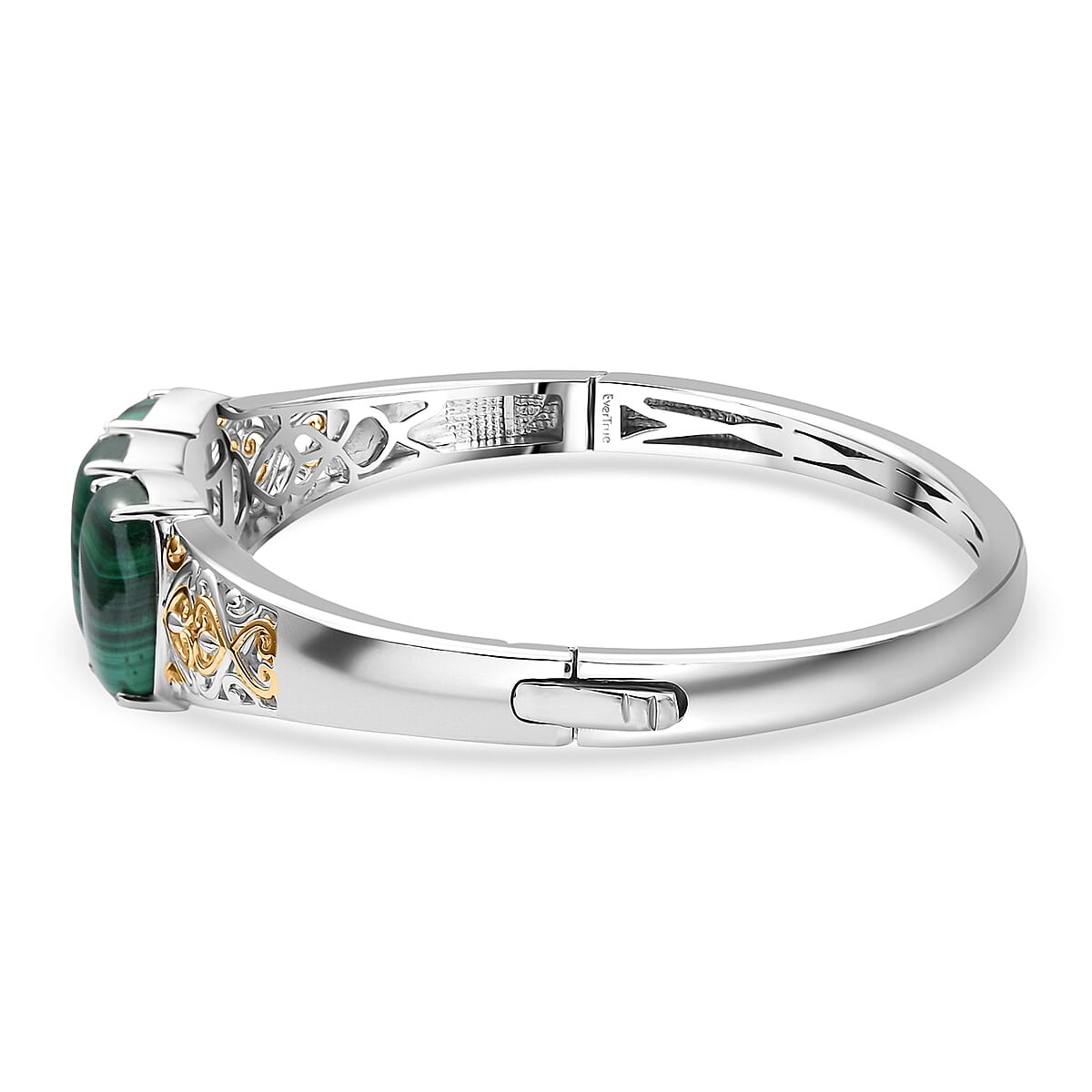 EverTrue African Malachite 26.25 ctw Vintage Filigree Bangle Bracelet in 18K YG Plated and Platinum Bond (7.25 In)  image number 3