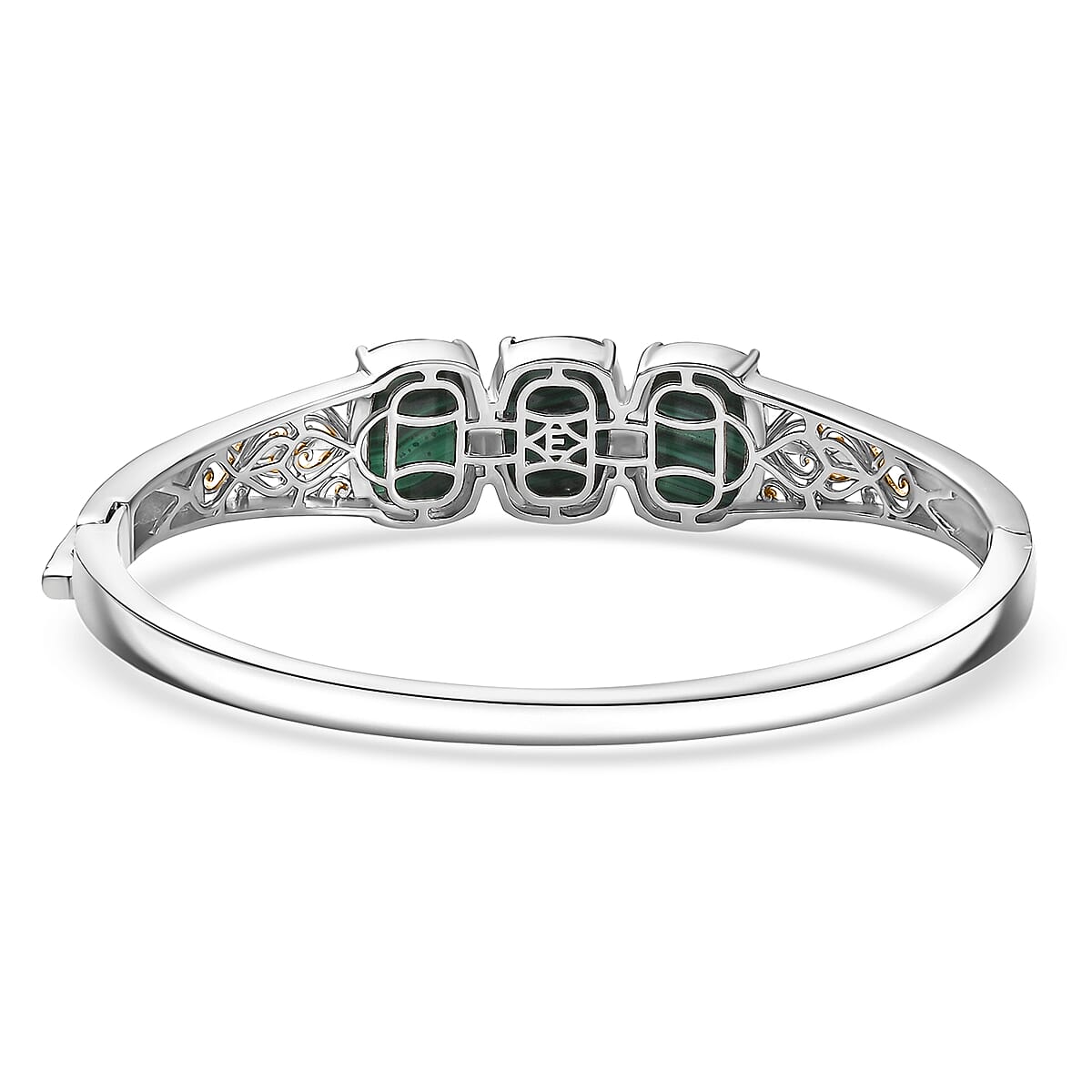EverTrue African Malachite 26.25 ctw Vintage Filigree Bangle Bracelet in 18K YG Plated and Platinum Bond (7.25 In)  image number 4