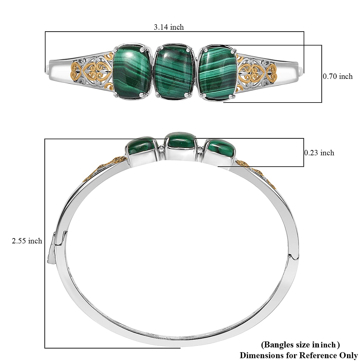 EverTrue African Malachite 26.25 ctw Vintage Filigree Bangle Bracelet in 18K YG Plated and Platinum Bond (7.25 In)  image number 5