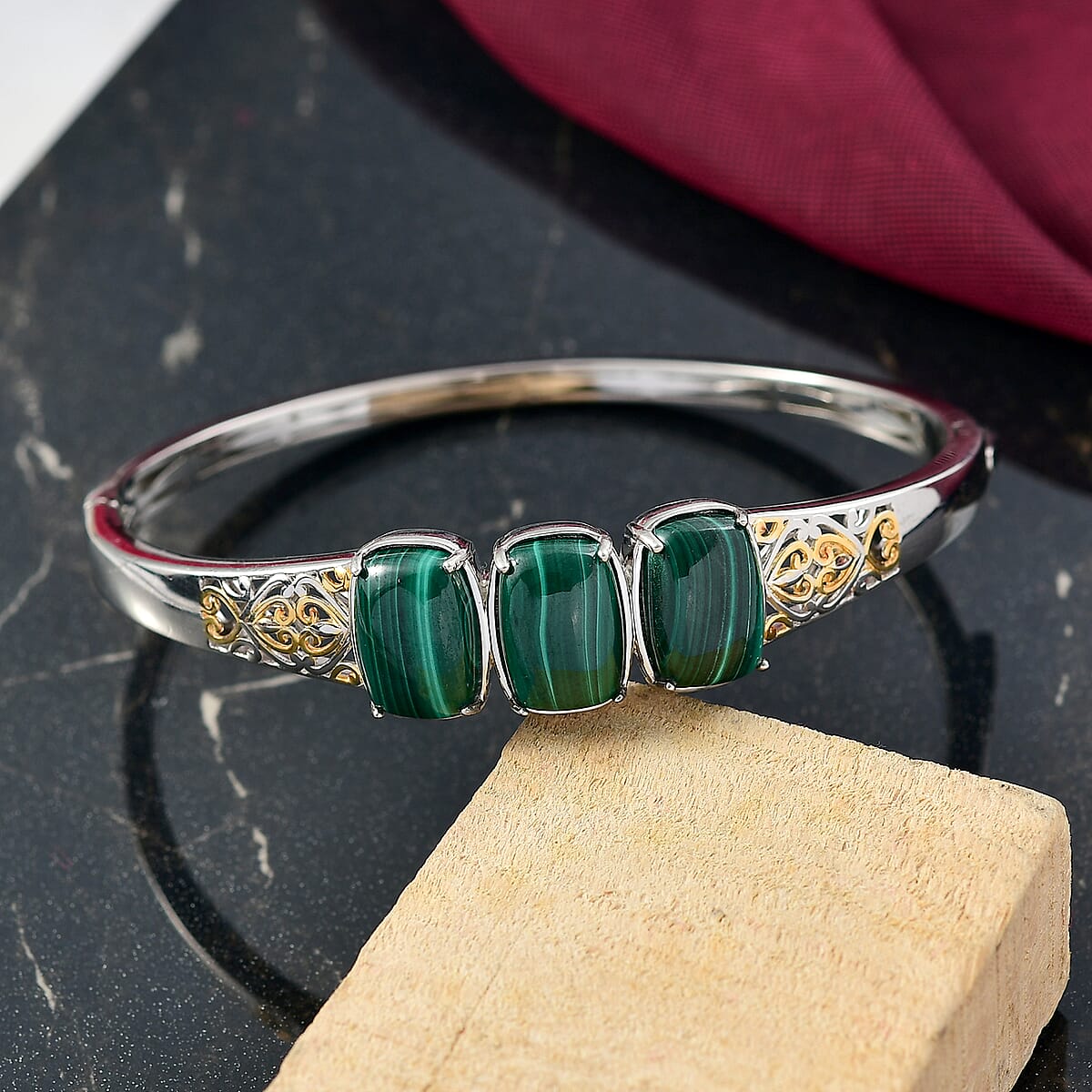 EverTrue African Malachite 26.25 ctw Vintage Filigree Bangle Bracelet in 18K YG Plated and Platinum Bond (8.00 In) image number 1