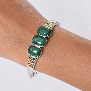 EverTrue African Malachite 26.25 ctw Vintage Filigree Bangle Bracelet in 18K YG Plated and Platinum Bond (8.00 In)