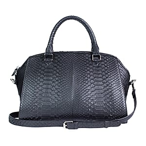 The Grand Pelle Handcrafted Black Genuine Python Leather Satchel Bag with Shoulder Strap