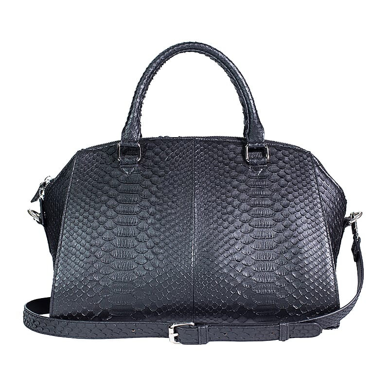 The Grand Pelle Handcrafted Black Genuine Python Leather Satchel Bag with Shoulder Strap